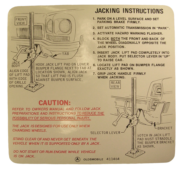 Jack Instructions Decal, 1972 Olds 88-98-Toronado