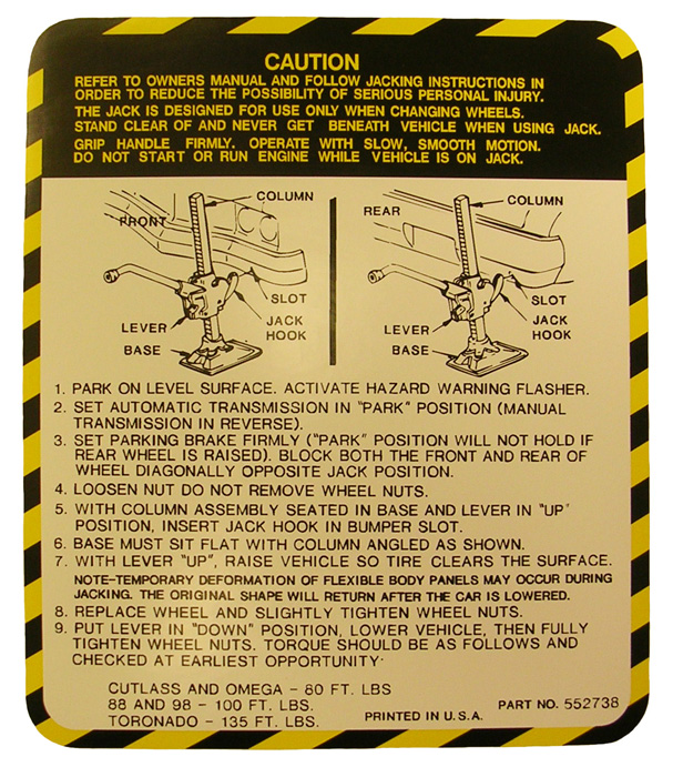 Jack Instruction Decal, 1974 Oldsmobile