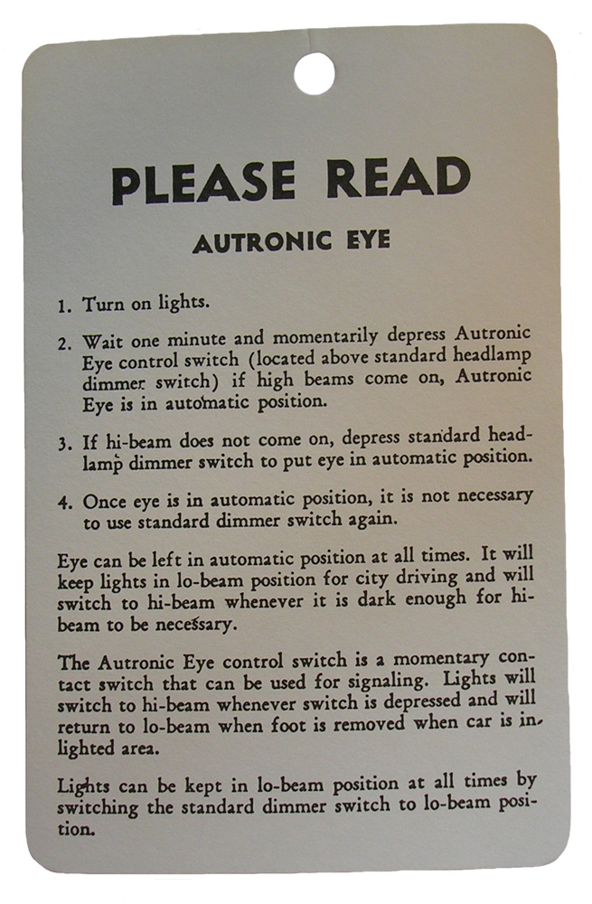 Autronic Eye Instruction Tag, 1958-59 Buick