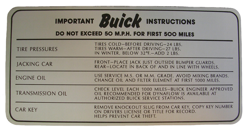 Tire Pressure and Oil Pressure Decal, 1953-55 Buick