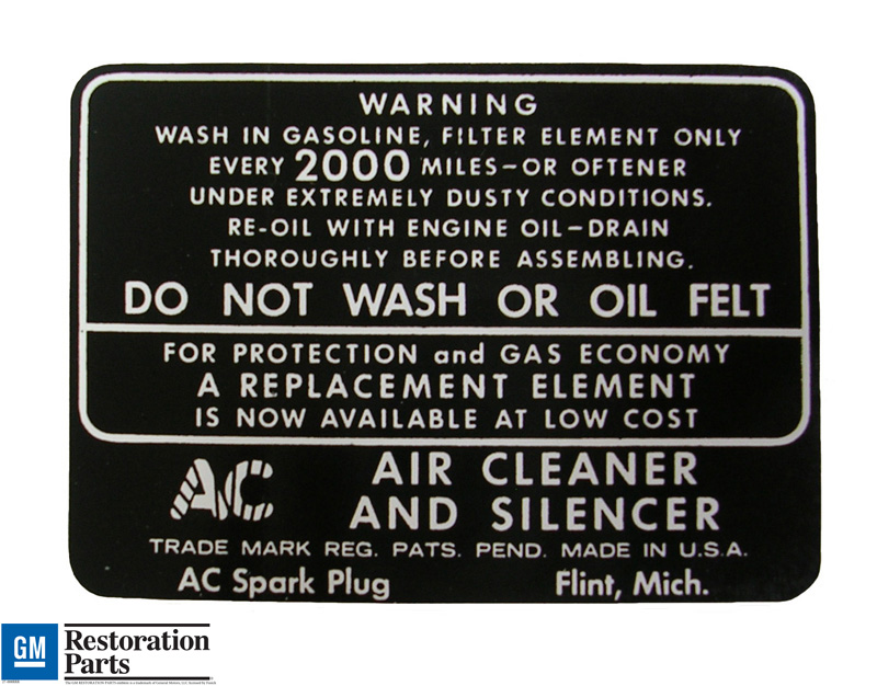 Air Filter Maintenance Decal, 1937-48 Olds dry element