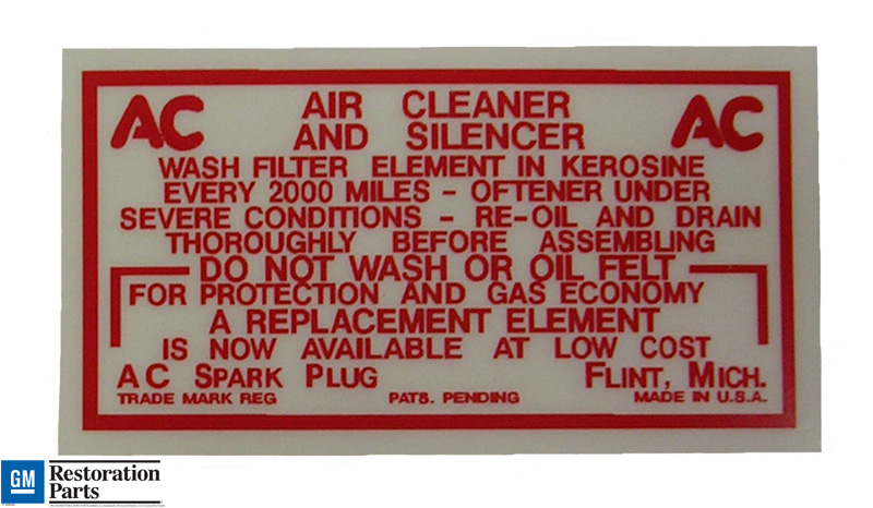 Air Filter Maintenance Decal, 1949-56 Olds dry element