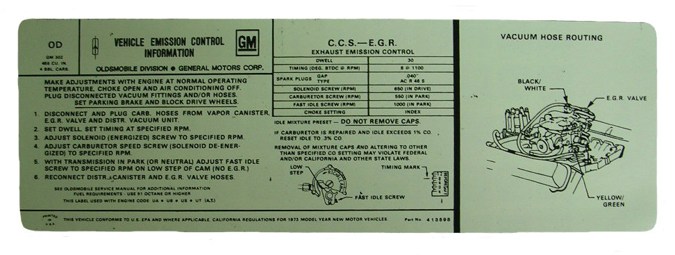 Emission and Tune Up Decal, 1973 Cutlass and 442, 455 4V