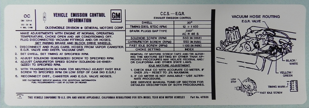 Emission and Tune Up Decal, 1974 Cutlass 350 4 barrel