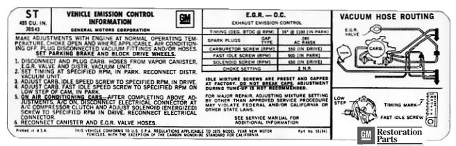 Emission and Tune Up Decal, 1975 Hurst/Olds W-30