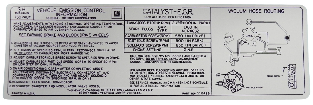 Emission and Tune Up Decal, 1977 Cutlass 403 4 barrel