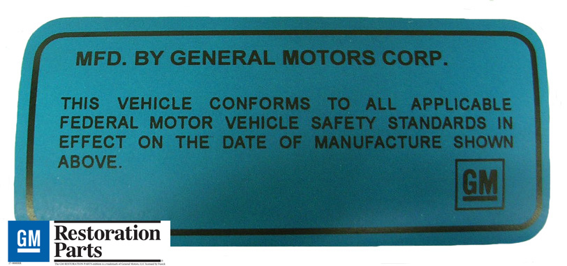 Manufacturer's ID Tag Decal, 1970-75 Cutlass and 442