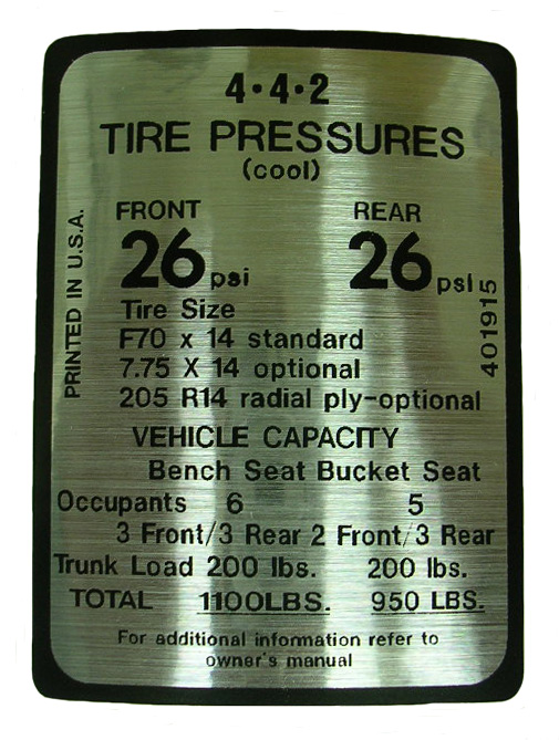 Tire Pressure Decal, 1968 442 and Hurst/Olds