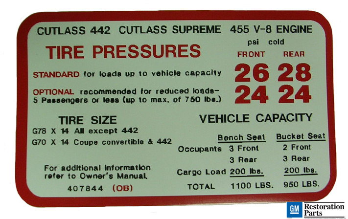 Tire Pressure Decal, 1970 442