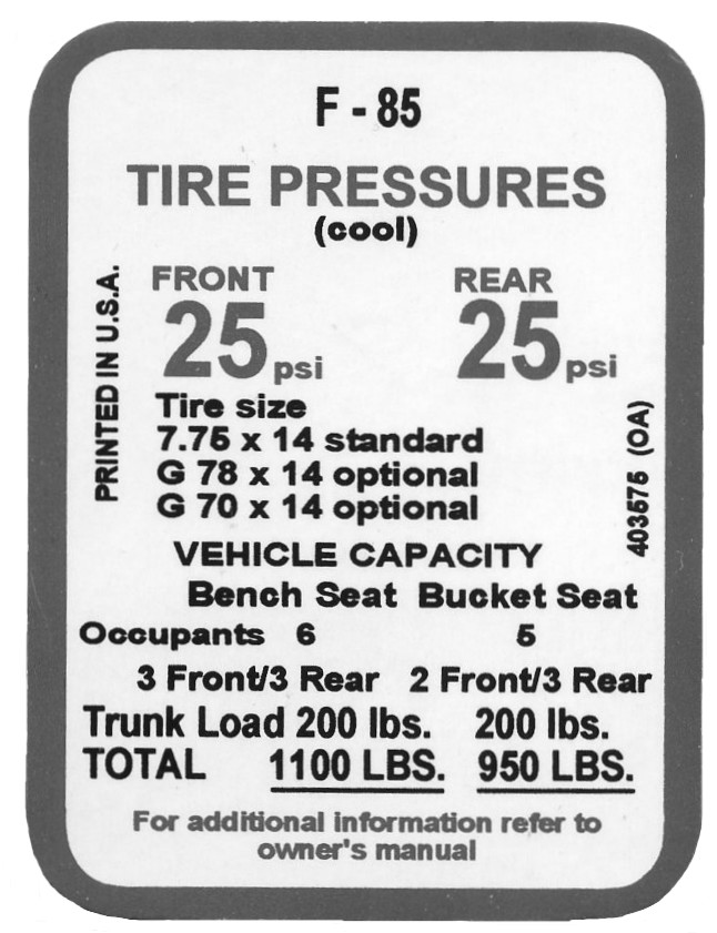 Tire Pressure Decal, 1969 Cutlass