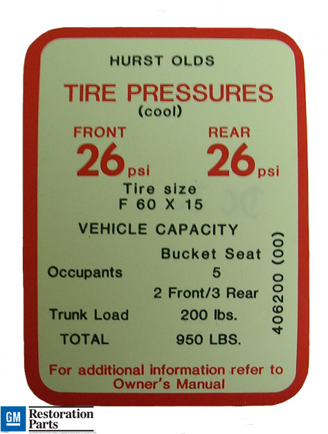 Tire Pressure Decal, 1969 Hurst/Olds