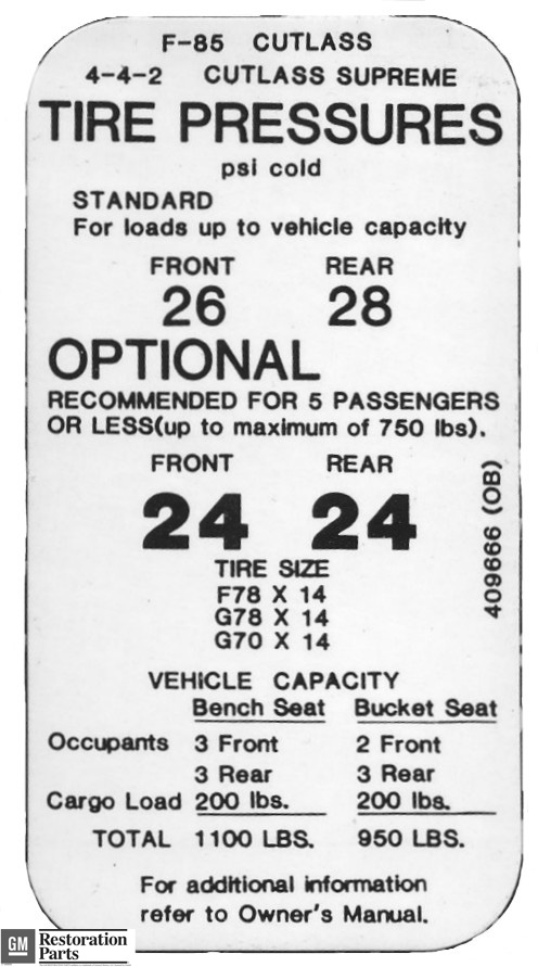 Tire Pressure Decal, 1971-72 Cutlass and 442