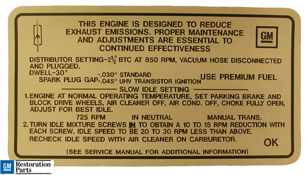 Emission and Tune Up Decal, 1968 442, manual transmission