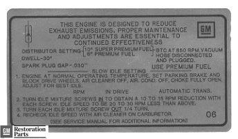 Emission and Tune Up Decal, 1969 Hurst/Olds