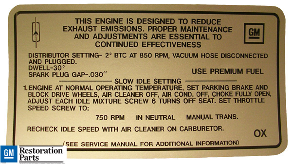 Emission and Tune Up Decal, 1969 442, manual transmission