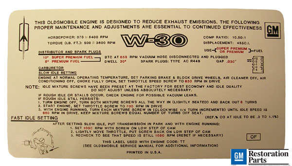 Emission and Tune Up Decal, 1970 442 W-30, automatic transmission