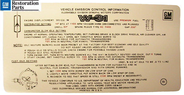 Emission and Tune Up Decal, 1970 W-31