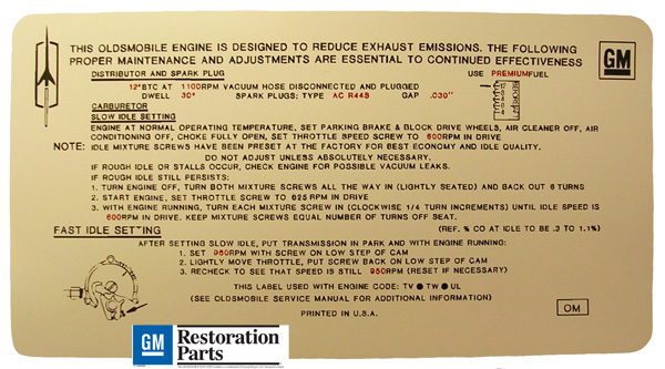 Emission and Tune Up Decal, 1970 442, automatic transmission