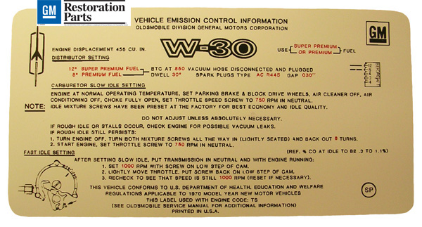 Emission and Tune Up Decal, 1970 442 W-30, 4 speed