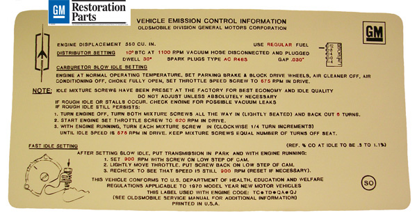 Emission and Tune Up Decal, 1970 Cutlass 350, 2V, A/T