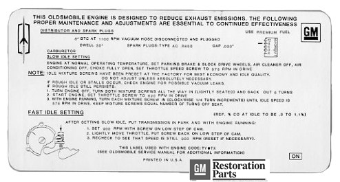 Emission and Tune Up Decal, 1970-71 Cutlass Supreme SX