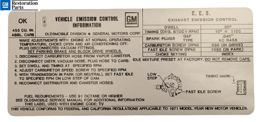 Emission and Tune Up Decal, 1971 442 with A/C