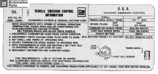 Emission and Tune Up Decal, 1971 442 W-30, A/T, A/C