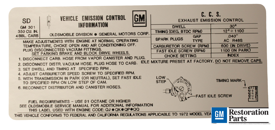 Emission and Tune Up Decal, 1972 350, 4 barrel, A/T