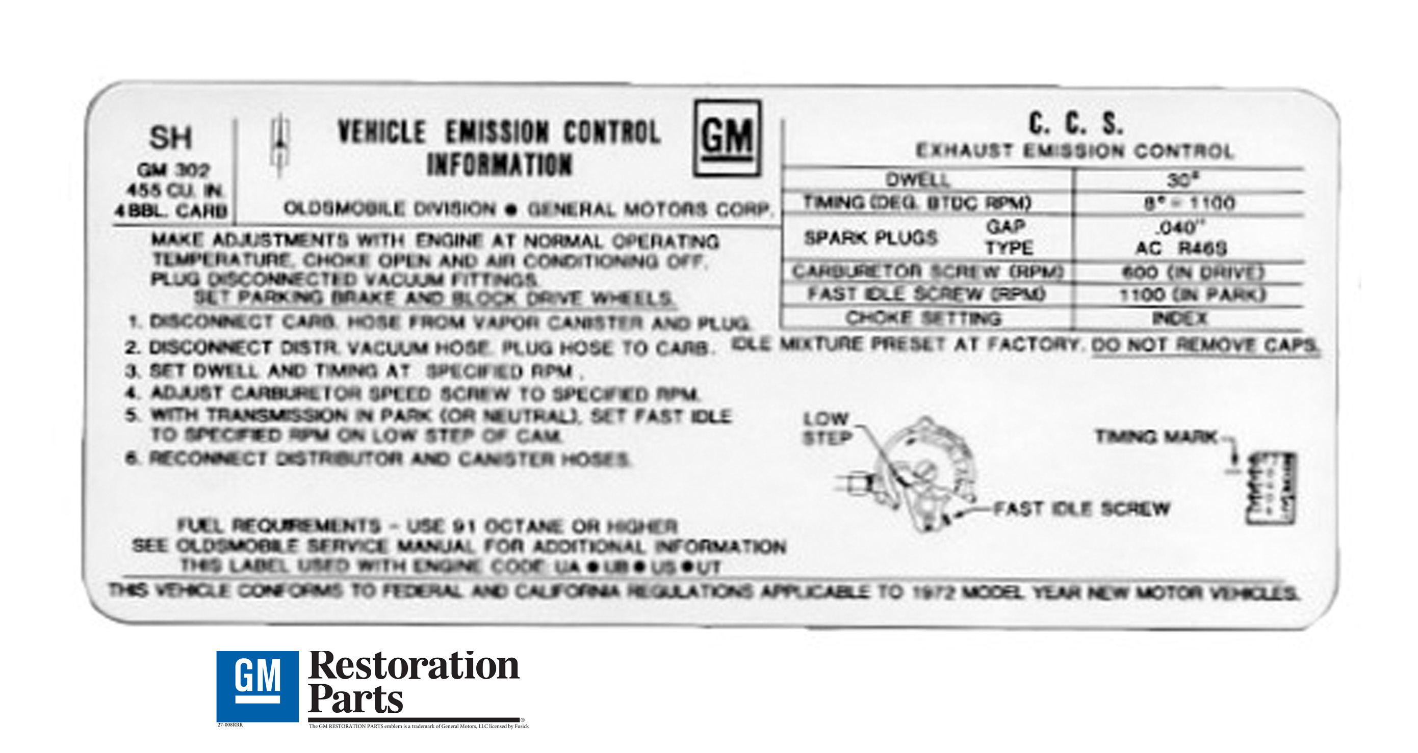 Emission and Tune Up Decal, 1972 455 4V automatic transmission