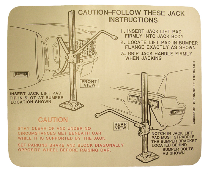 Jack Instructions Decal, 1970 Toronado