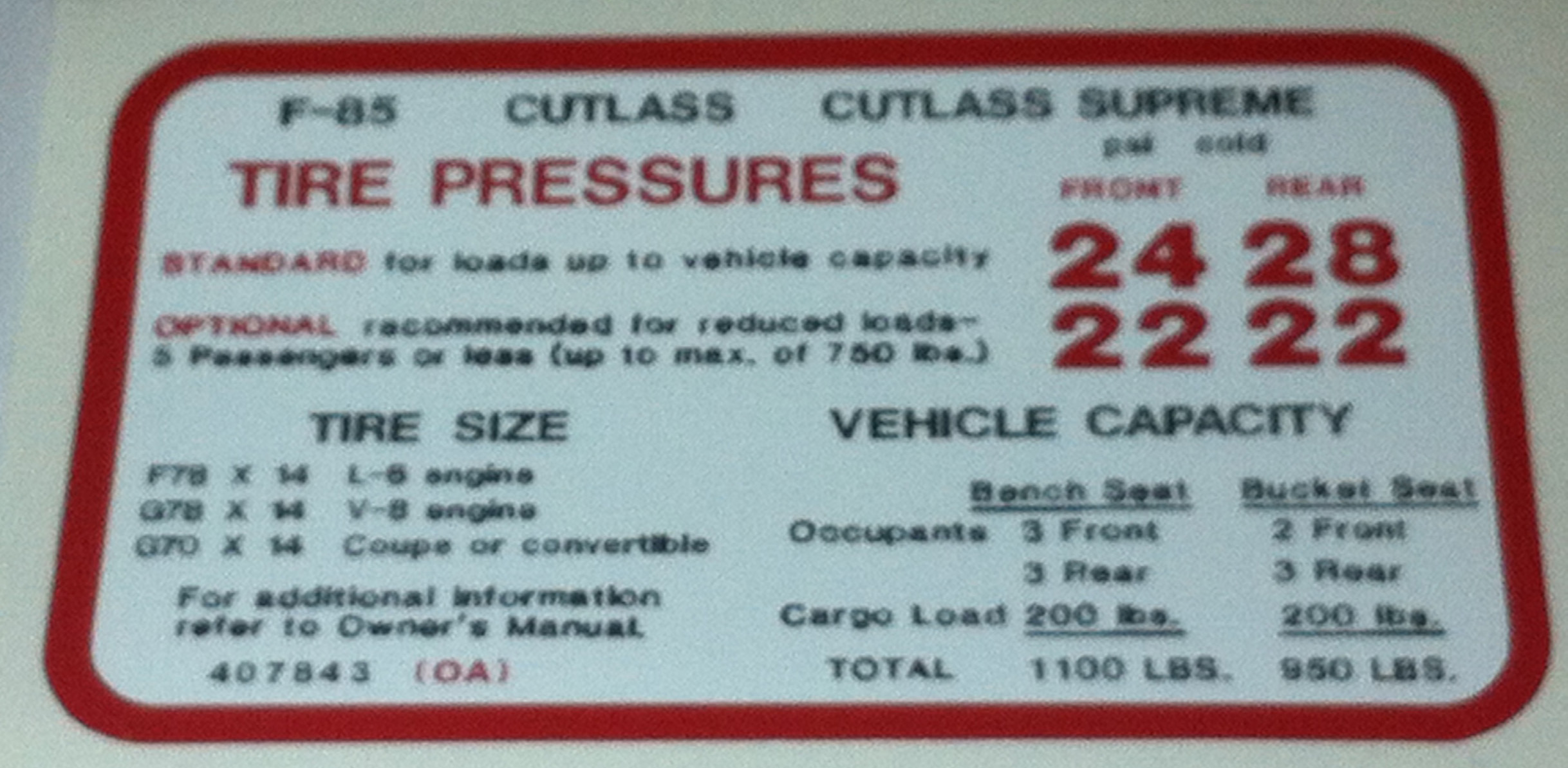 Tire Pressure Decal, 1970 Cutlass