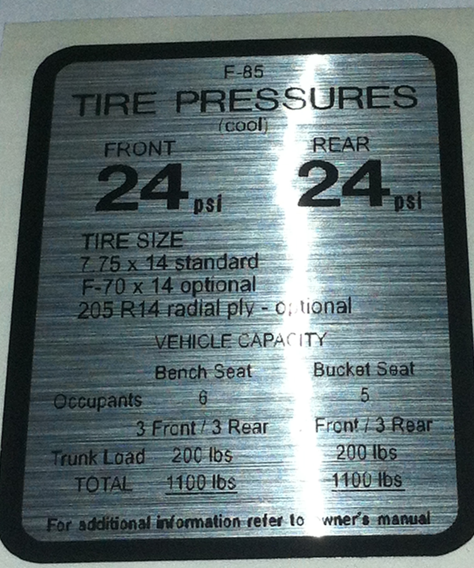 Tire Pressure Decal, 1968 Cutlass