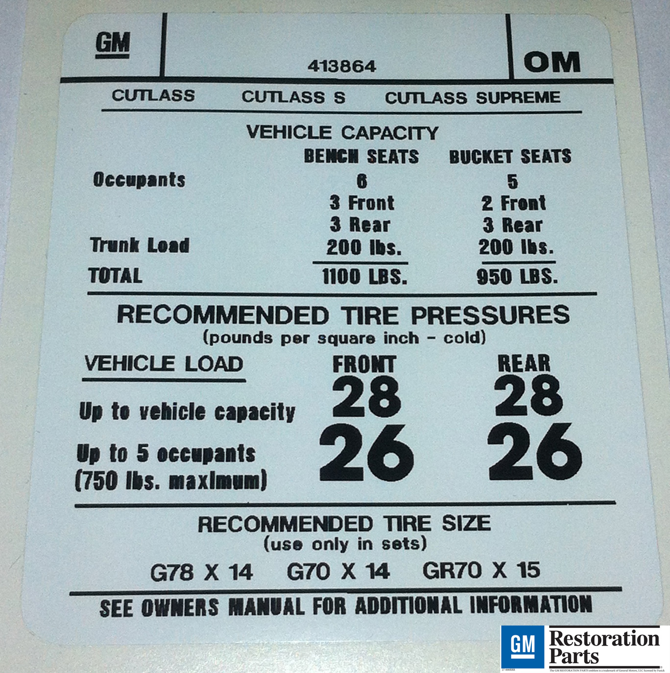 Tire Pressure Decal, 1973 Cutlass and 442