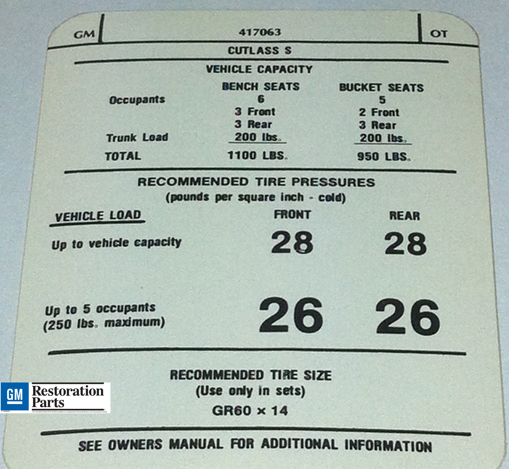 Tire Pressure Decal, 1973 Hurst/Olds