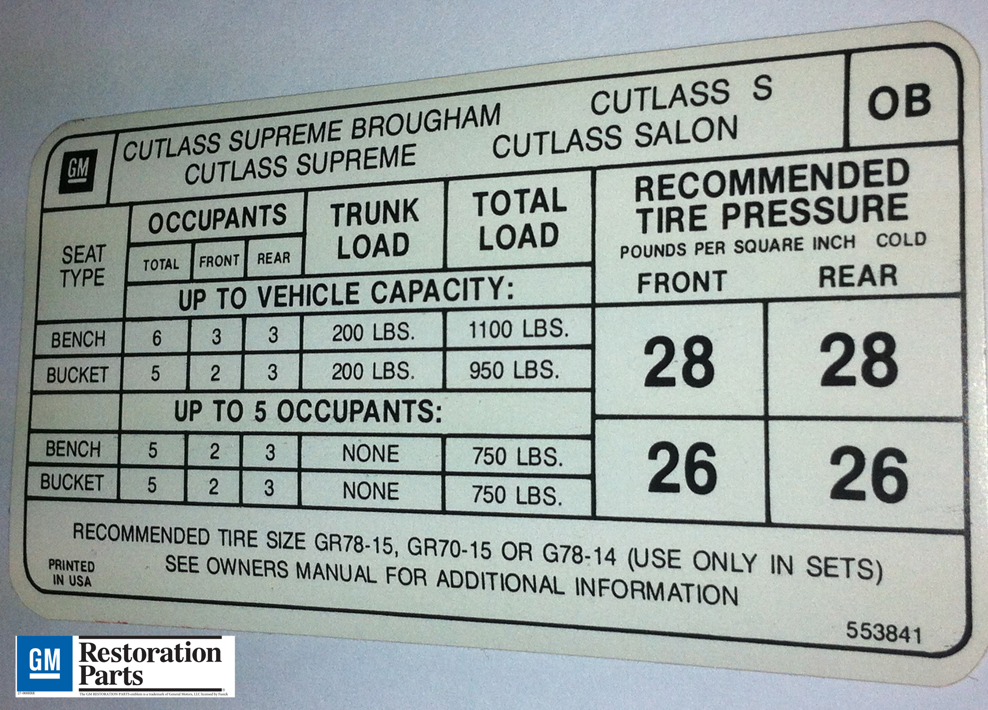 Tire Pressure Decal, 1975-76 Cutlass and 442